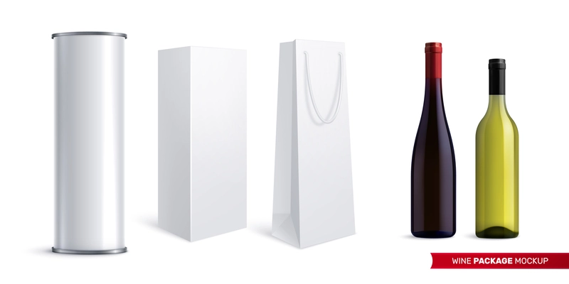 Wine package mockup realistic set of paper bags and plastic tube for glass bottle isolated vector illustration