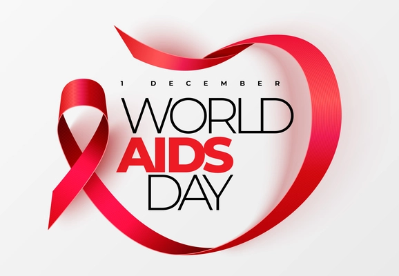 World aids day poster big headline and red ribbon in the heart form vector illustration