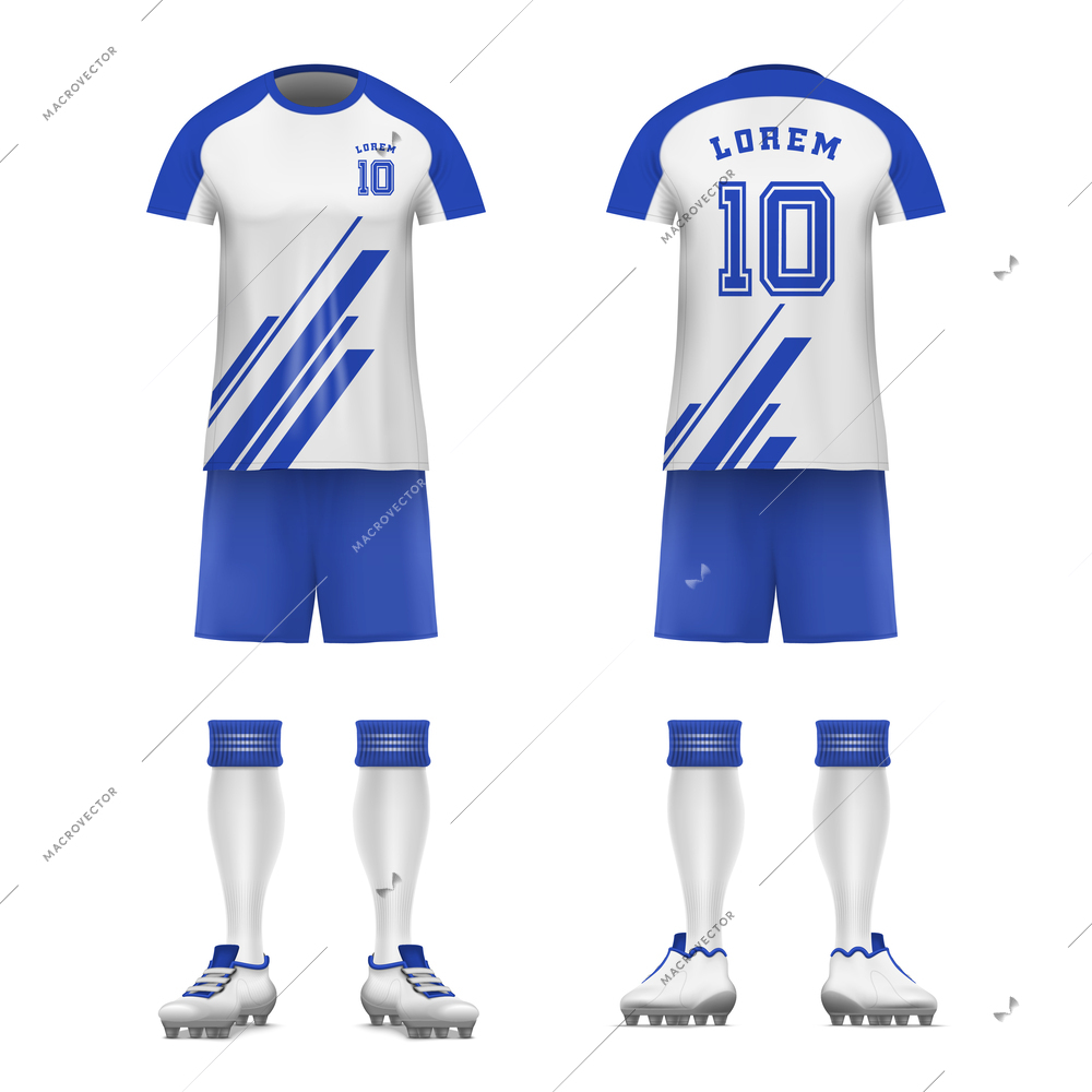Realistic soccer design icon set mens sports uniforms front and back view vector illustration