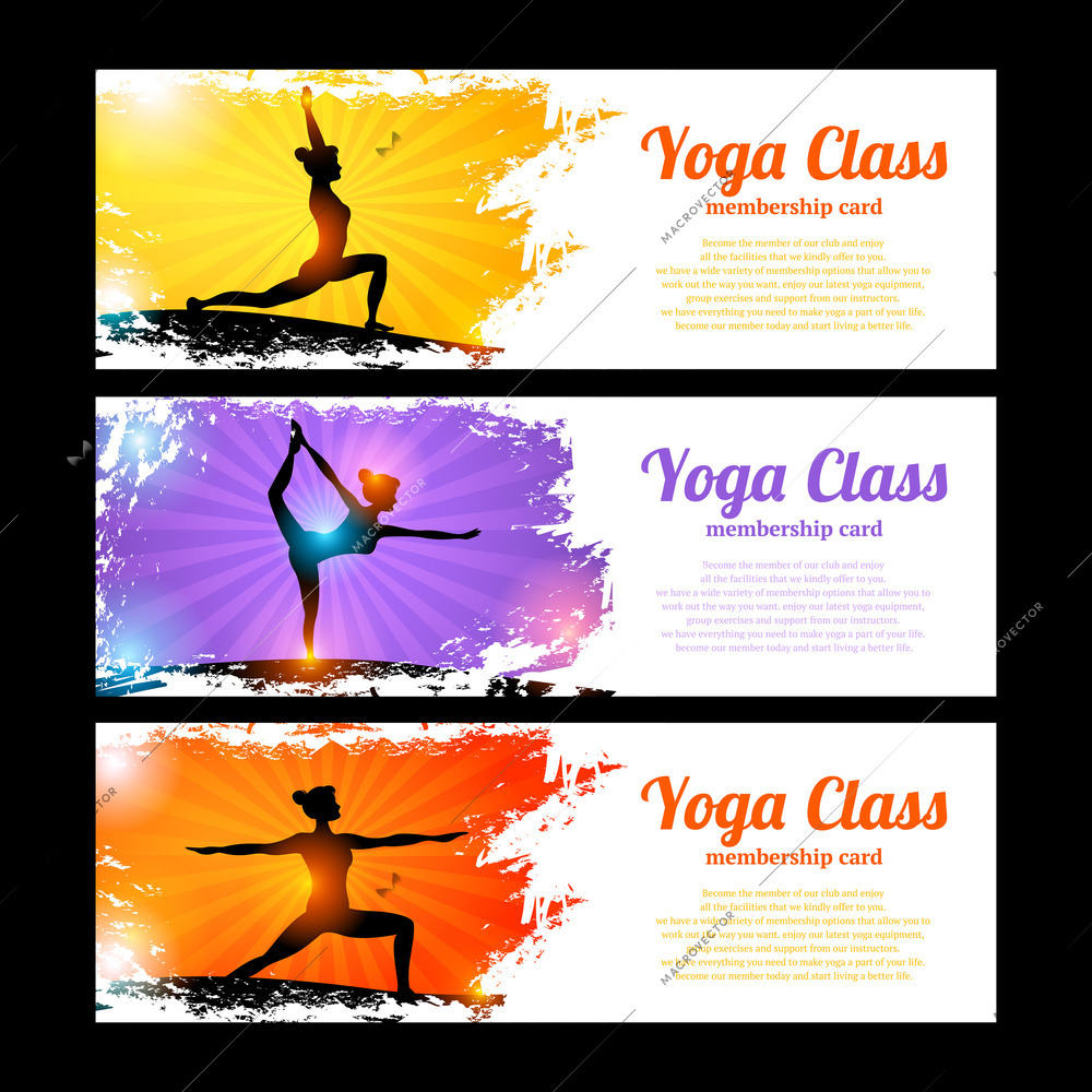 Yoga class horizontal banner set with young women figures in sun beams isolated vector illustration