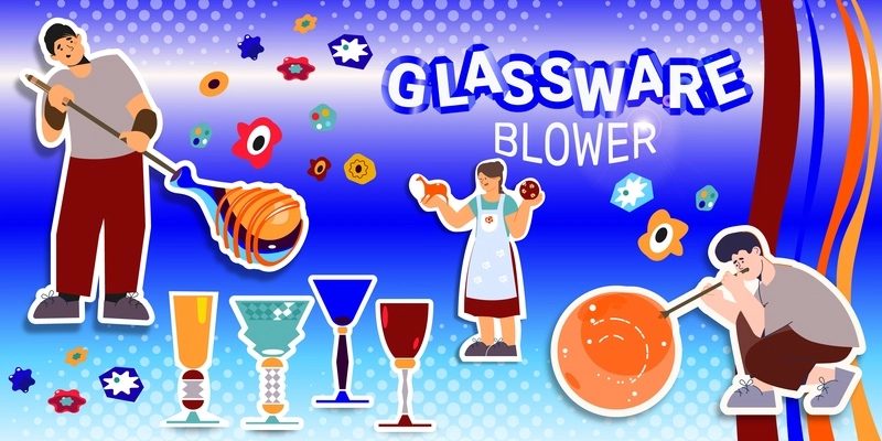 Glassware blower market flat collage composition with text doodle style stickers and human characters making goods vector illustration