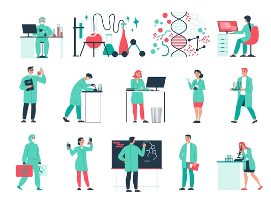 Scientific laboratory flat icons set with scientists and researchers isolated vector illustration