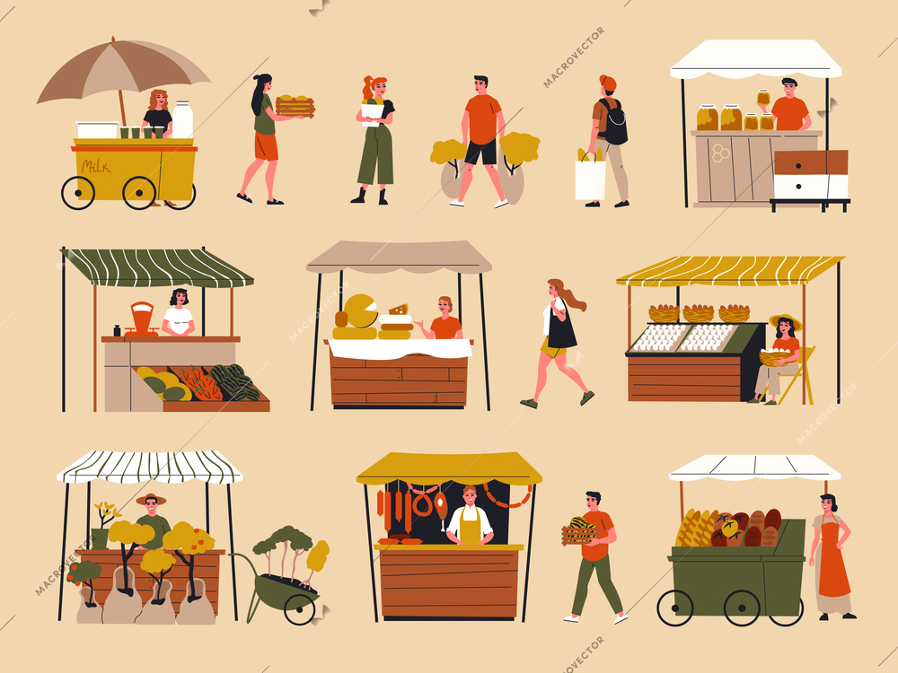 Farmers marketplace color cartoon compositions demonstrated counters with sellers offering handmade farm food isolated vector illustration