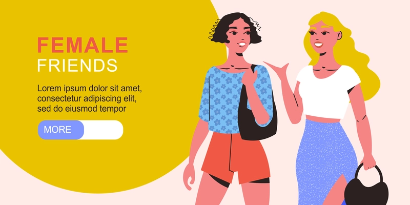 Female friends horizontal banner with two young smiling pretty trendy girls talking to each other vector illustration