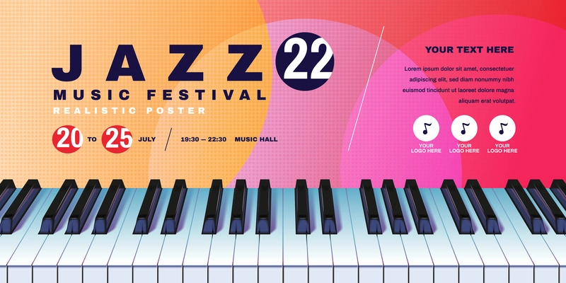 Jazz music festival colored horizontal poster with place for text date and realistic image of piano keyboard vector illustration
