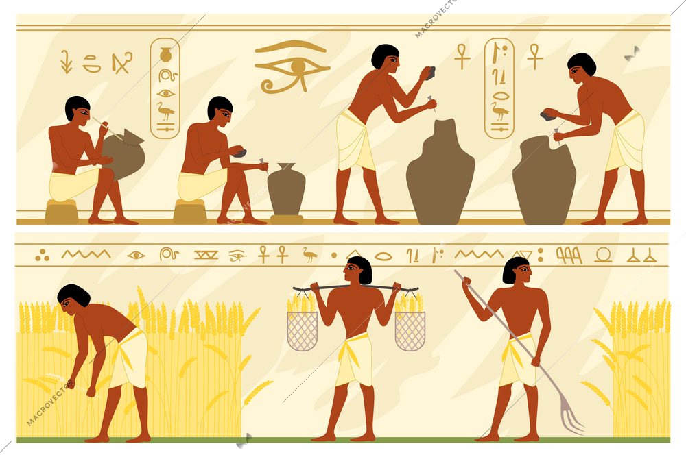 Ancient egypt society set of two horizontal banners with hieroglyphs and views of people doing pottery vector illustration