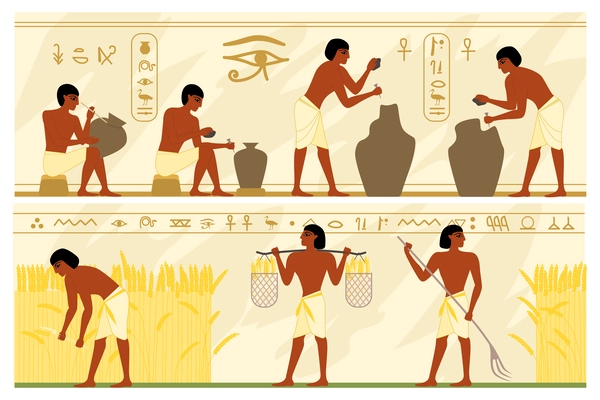 Ancient egypt society set of two horizontal banners with hieroglyphs and views of people doing pottery vector illustration