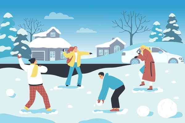 Flat winter holiday background with happy friends in warm outwear playing snowballs in yard vector illustration