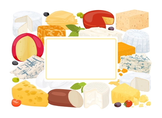 Cheese flat colored composition different types of cheeses and label at the center and place for text vector illustration