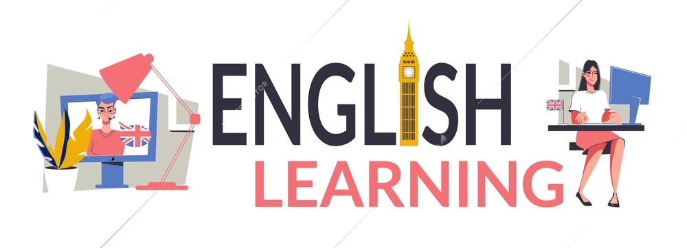 English learning big letters text with teacher giving online lessons and british landmarks flat vector illustration