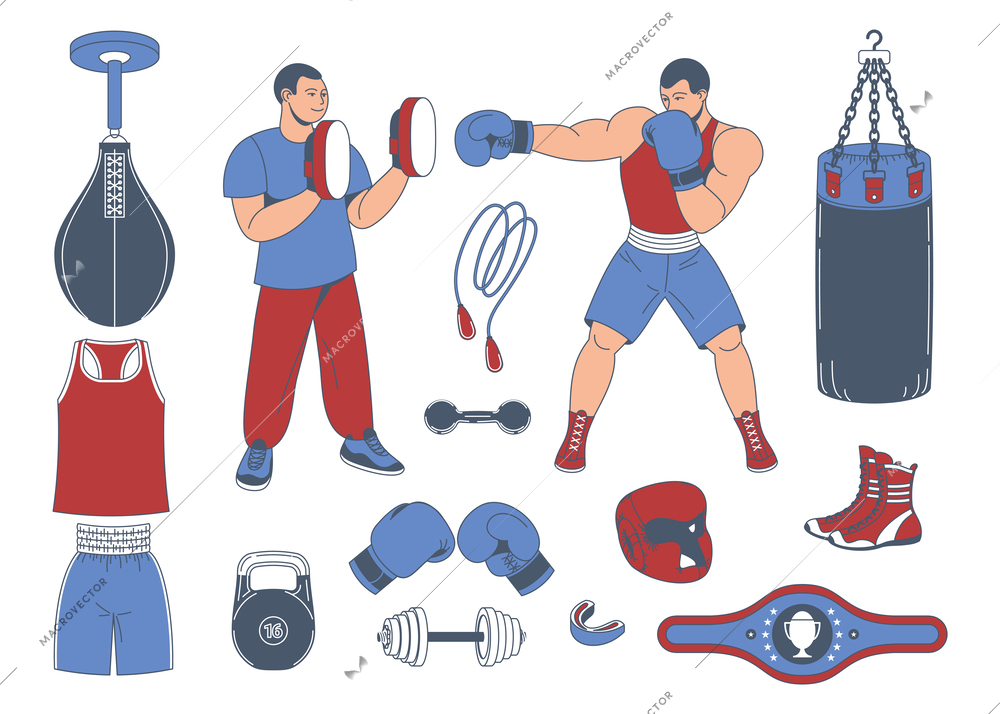 Boxing training cartoon set with isolated icons of sport equipment with punchbags skipping rope and athletes vector illustration