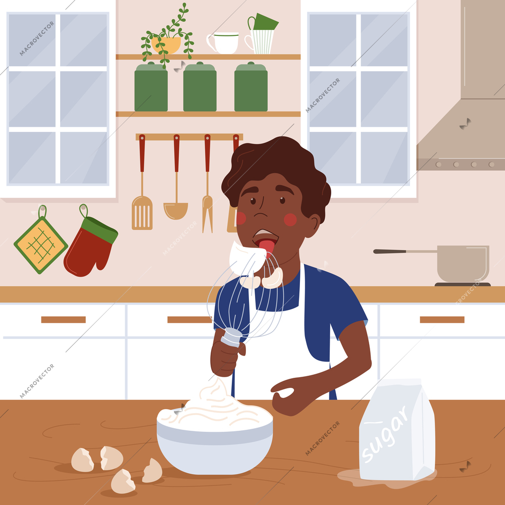 Childish cooking flat composition with black boy trying egg whites cream whipped by mixer vector illustration