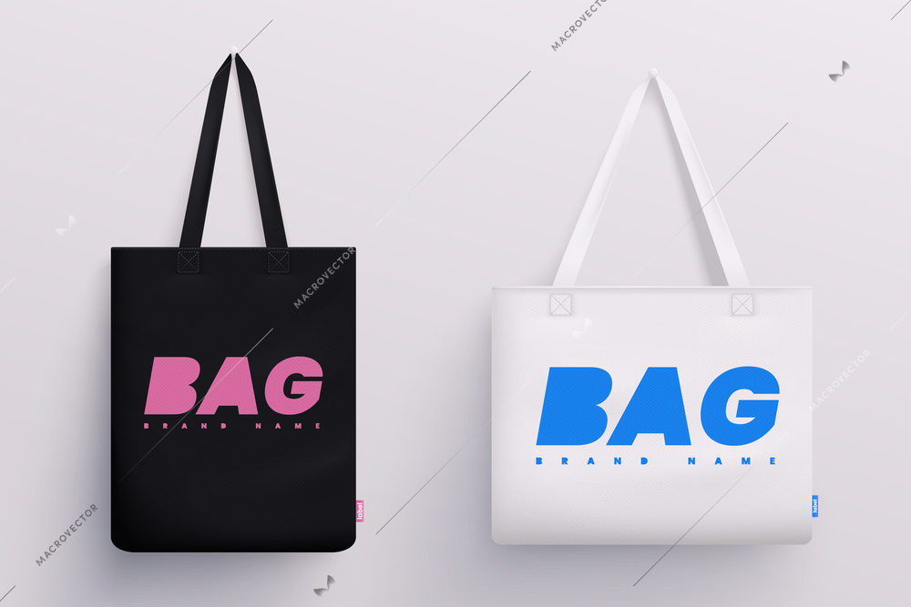 Tote fabric bag mockup realistic set with hanging black and white cloth bags with editable text vector illustration