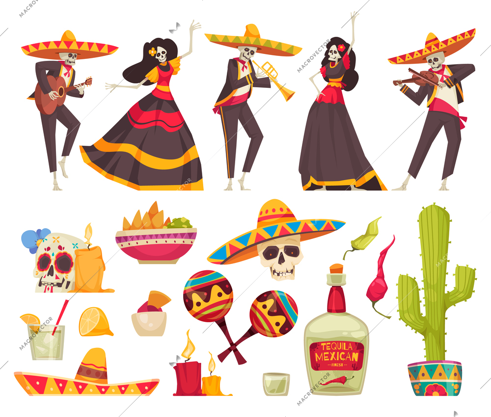 Mexico day of dead set with festival symbols flat isolated vector illustration