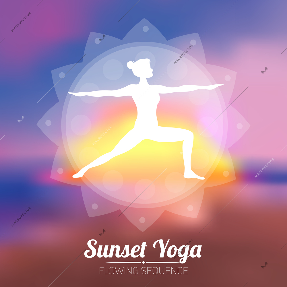 Yoga poster with girl figure in workout pose and sunset on a background vector illustration