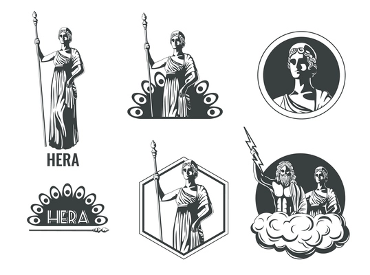 Ancient greek olympian goddess hera flat isolated emblems set against white background vector illustration