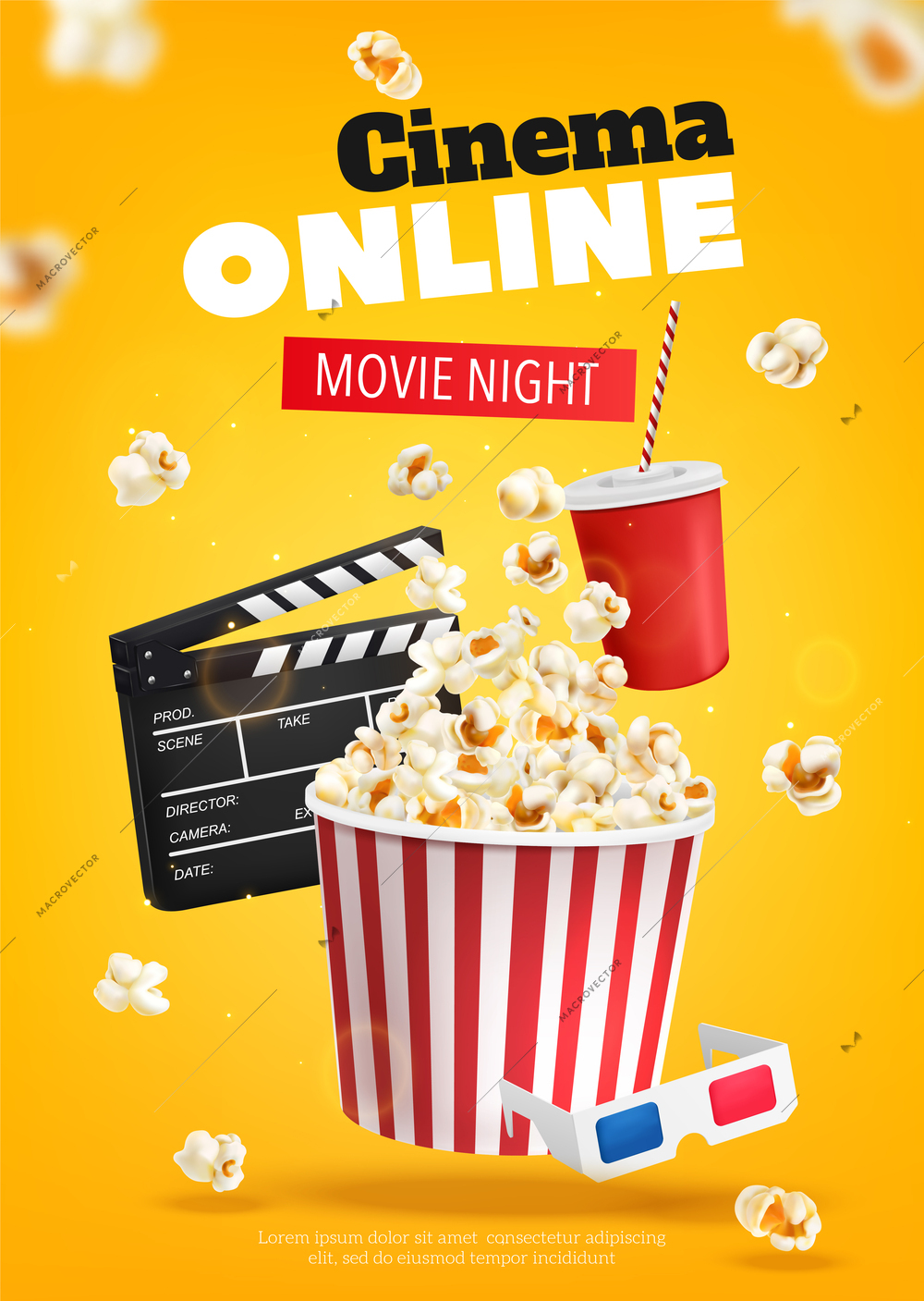 Realistic movie night advertising poster with popcorn bucket and 3d glasses vector illustration
