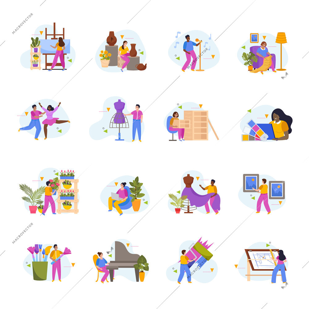 Hobby of creative people flat collection with female and male characters engaged in creativity  isolated vector illustration