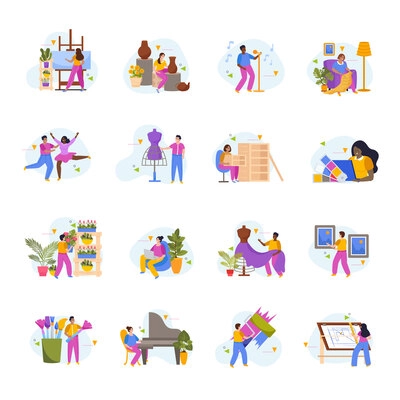 Hobby of creative people flat collection with female and male characters engaged in creativity  isolated vector illustration