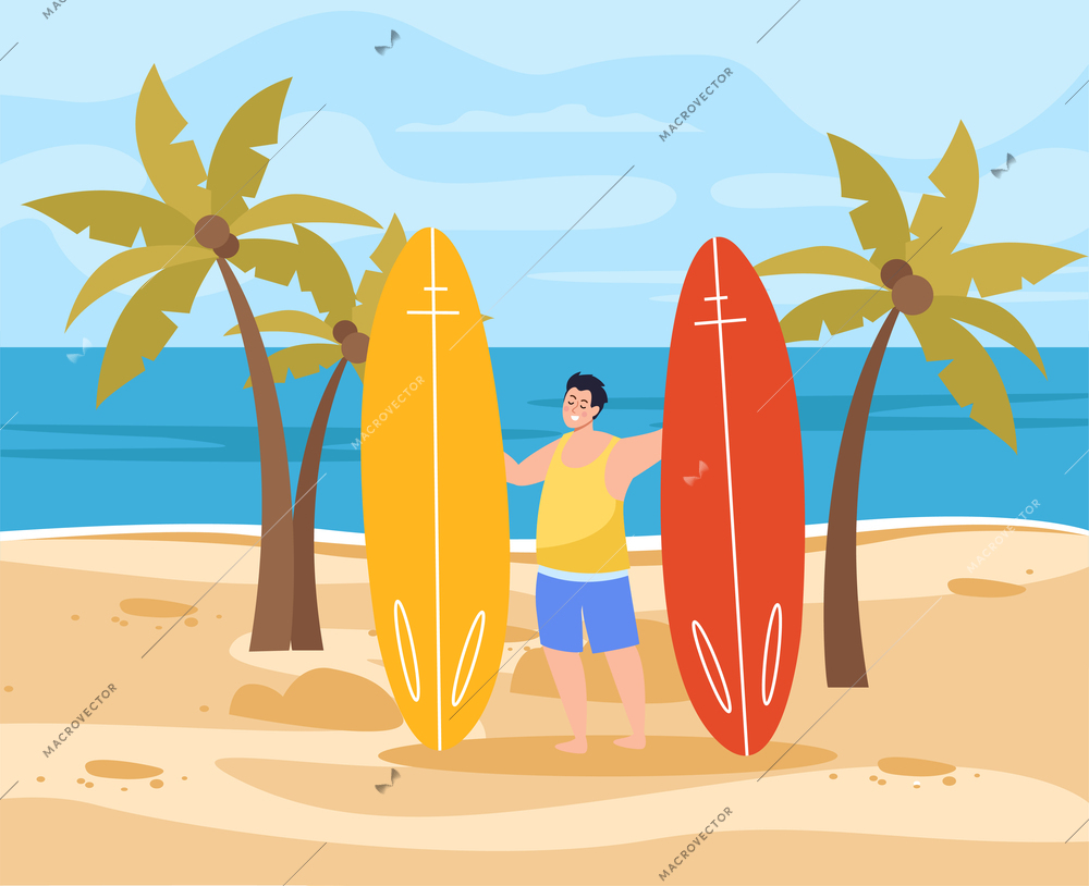 Summer vacation on south beach flat background with happy male character holding two surf boards vector illustration