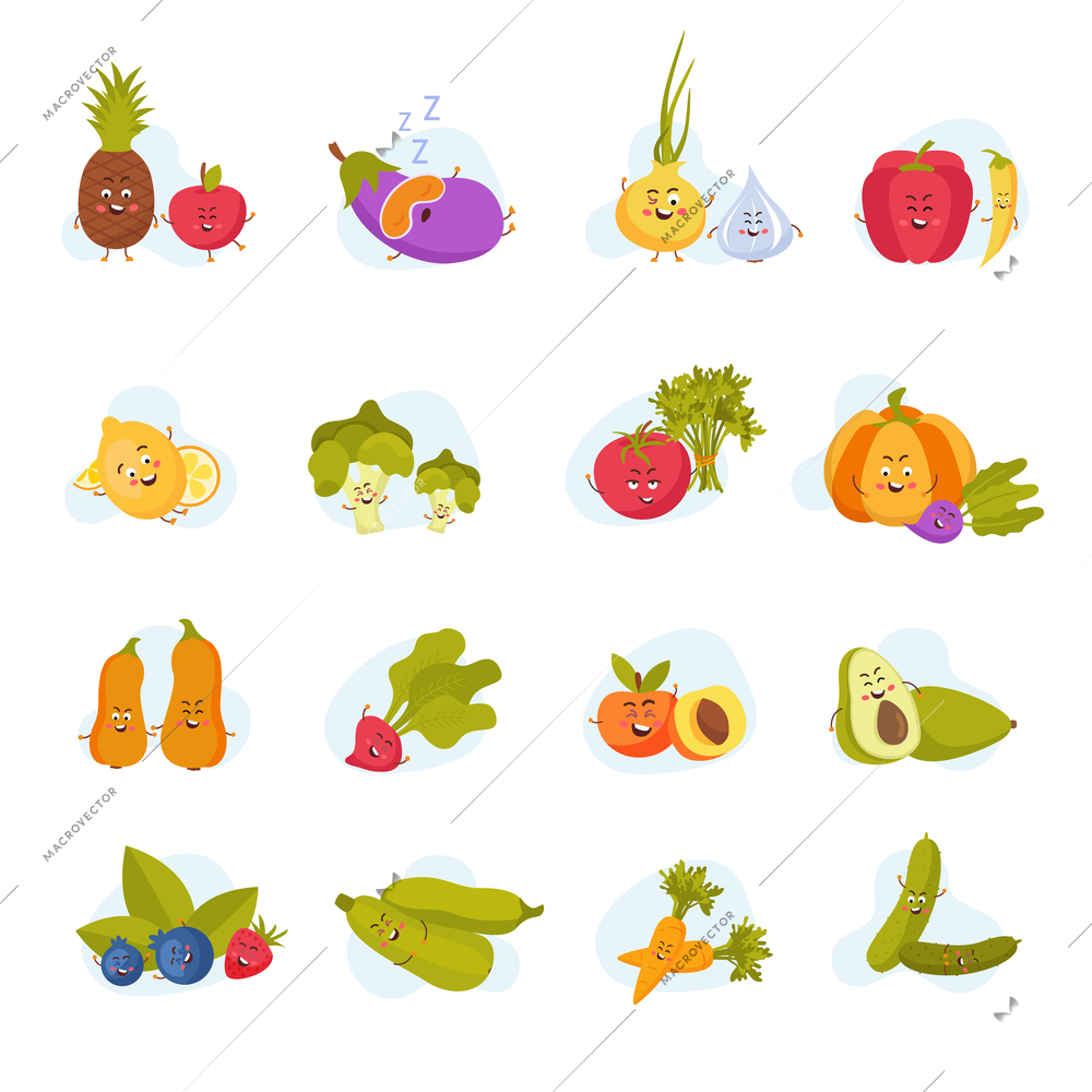 Cartoon fruits and vegetables isolated flat icons so as zucchini cucumber avocado pineapple radish eggplant apple vector illustration