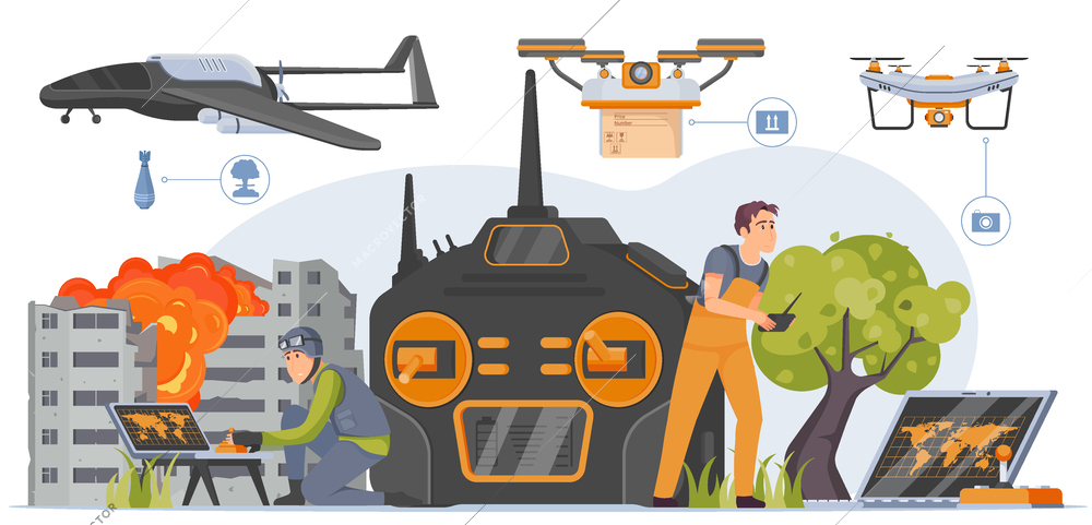 Unmanned aerial vehicles concept with combat symbols flat vector illustration
