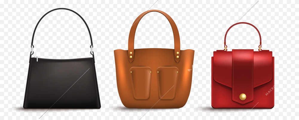 Realistic leather bag women set with transparent background and isolated images of three feminine fashionable bags vector illustration