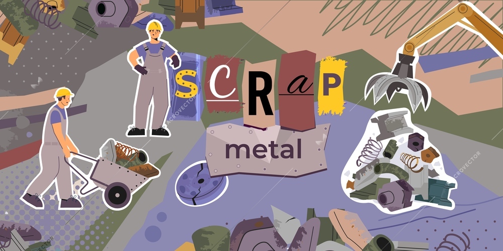 Scrap metal flat composition with collage of text with waste iron goods and workers with barrow vector illustration