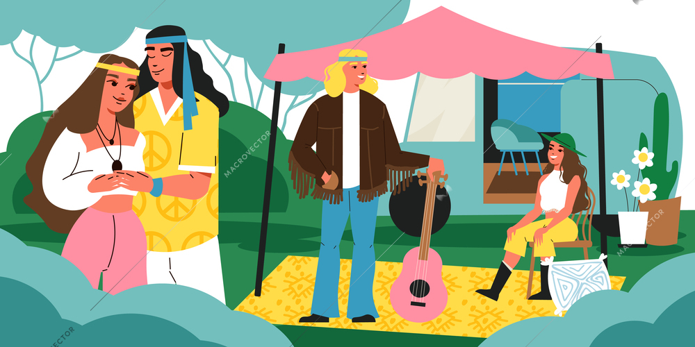 Hippie flat concept with happy people in front of travel van vector illustration