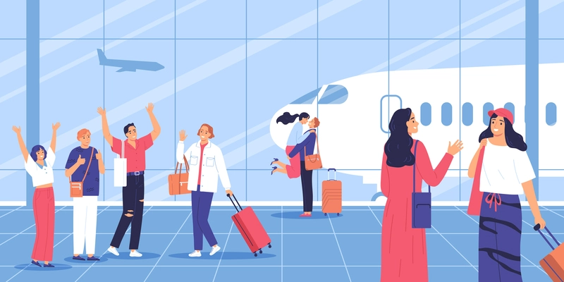 People seeing off and meeting friends and family at airport flat vector illustration