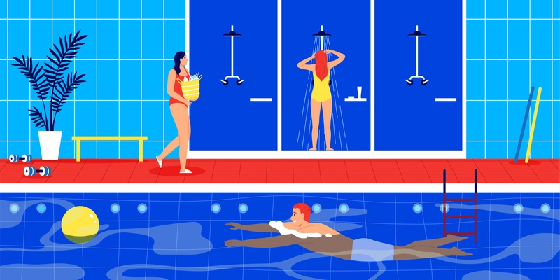 People swimming and having shower in pool flat vector illustration