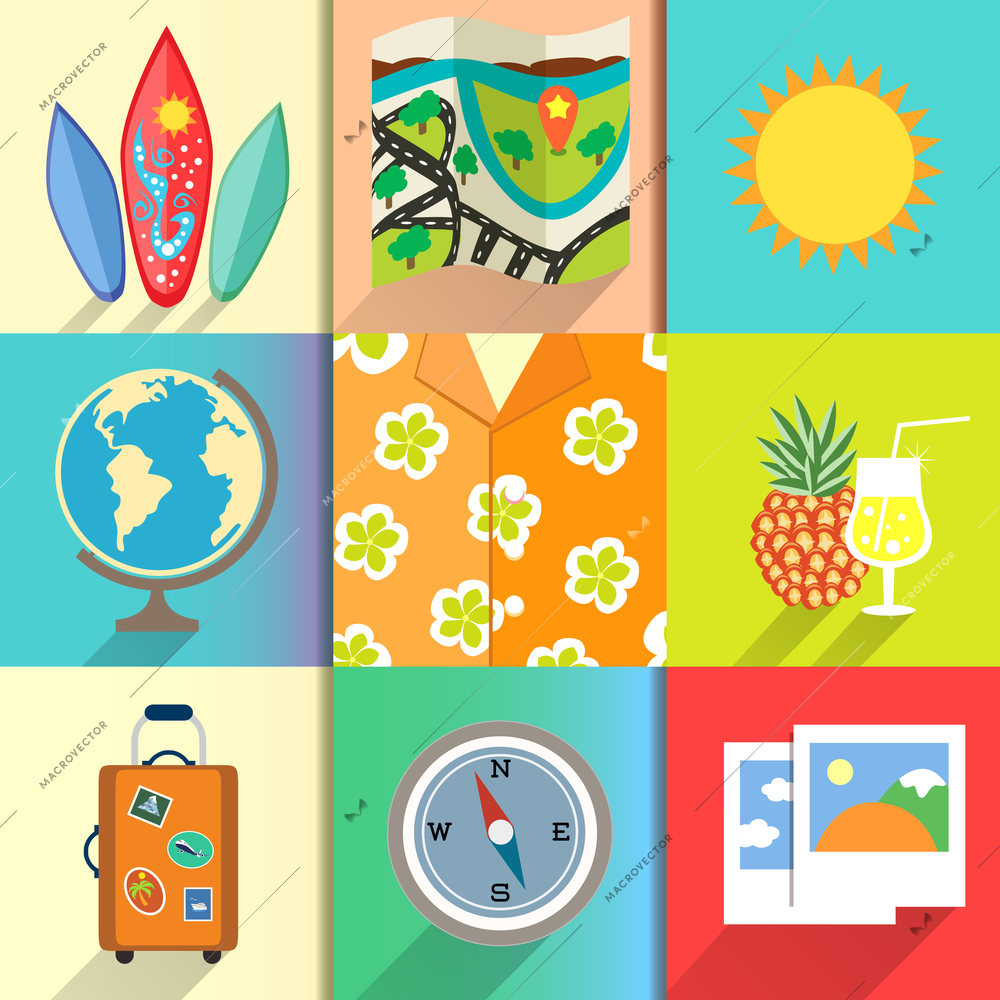 Aloha shirt. Travel and vacation icons set with surfboard photos and martini cocktail vector illustration