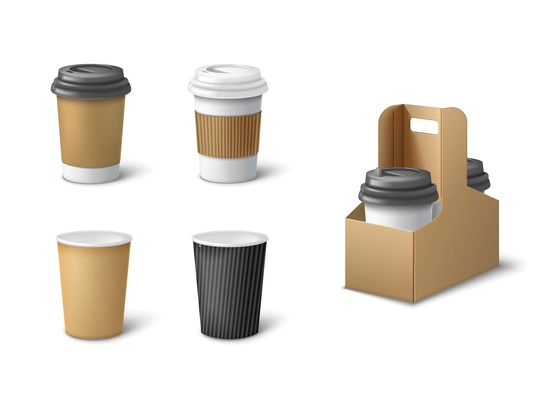 Takeout fastfood package realistic set with isolated images of colored paper cups in holder with shadows vector illustration