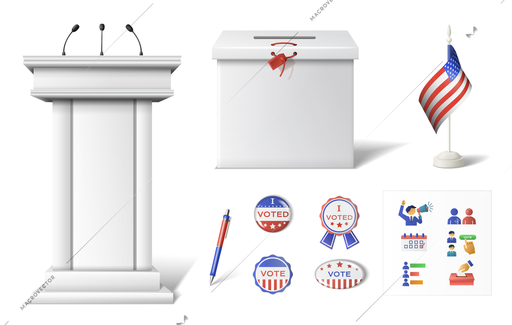 Elections voting realistic set with isolated vote badges voters icons ballot box and tribune for debates vector illustration