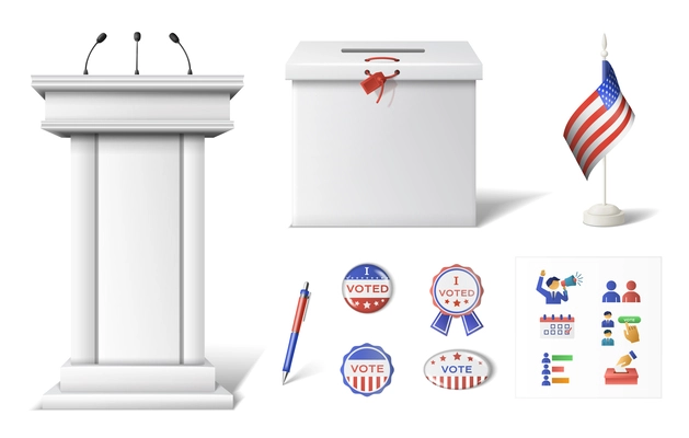 Elections voting realistic set with isolated vote badges voters icons ballot box and tribune for debates vector illustration