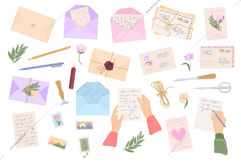 Romantic letters post flat icon set hands leaves texts envelops post cards and other elements vector illustration