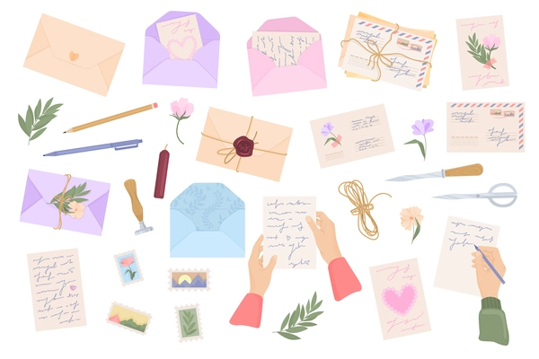 Romantic letters post flat icon set hands leaves texts envelops post cards and other elements vector illustration