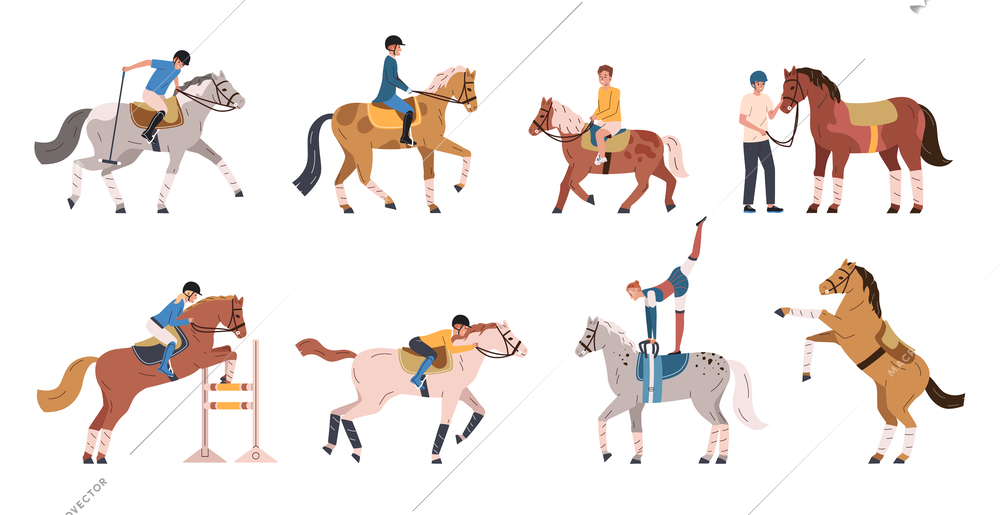 Horse sport flat set with adults and children practising horseback riding isolated vector illustration