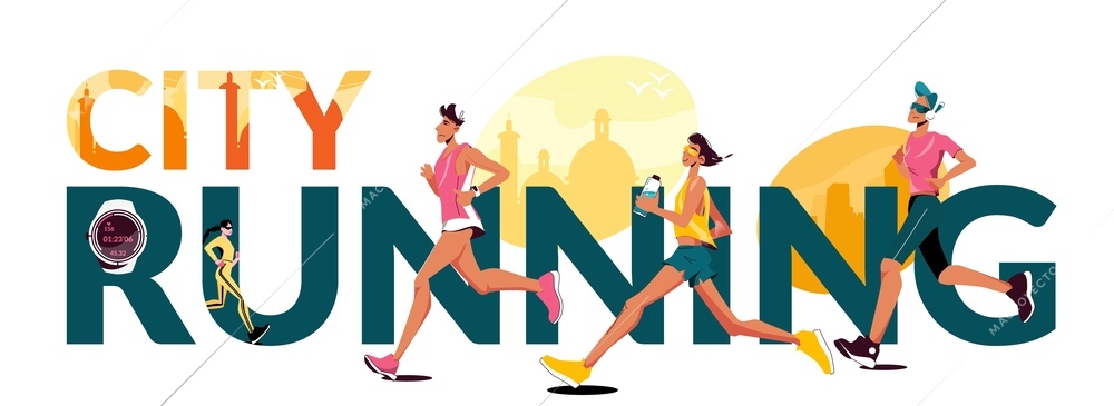 City running flat text composition with big textured letters and running people around vector illustration