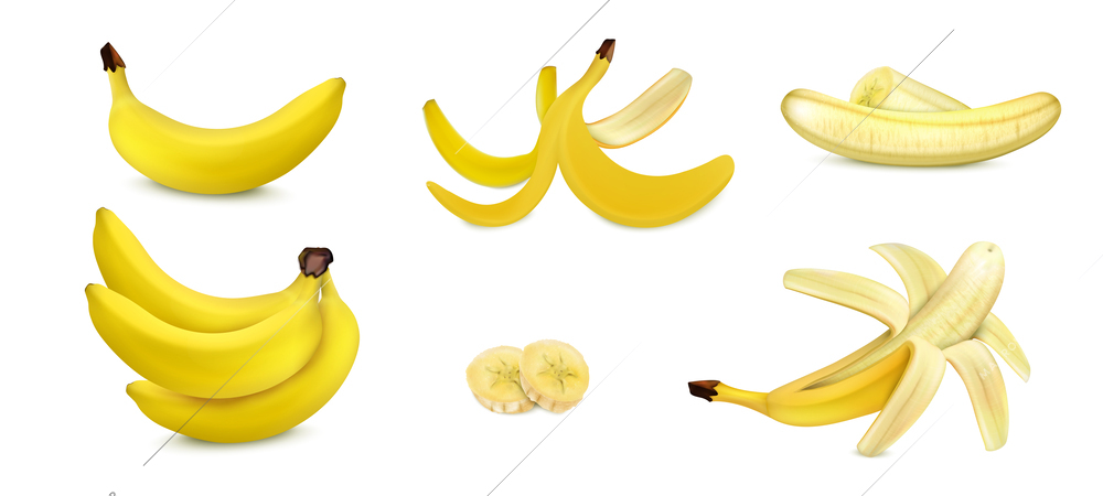 Banana realistic set with isolated peeled and unpeeled fruit with slices vector illustration