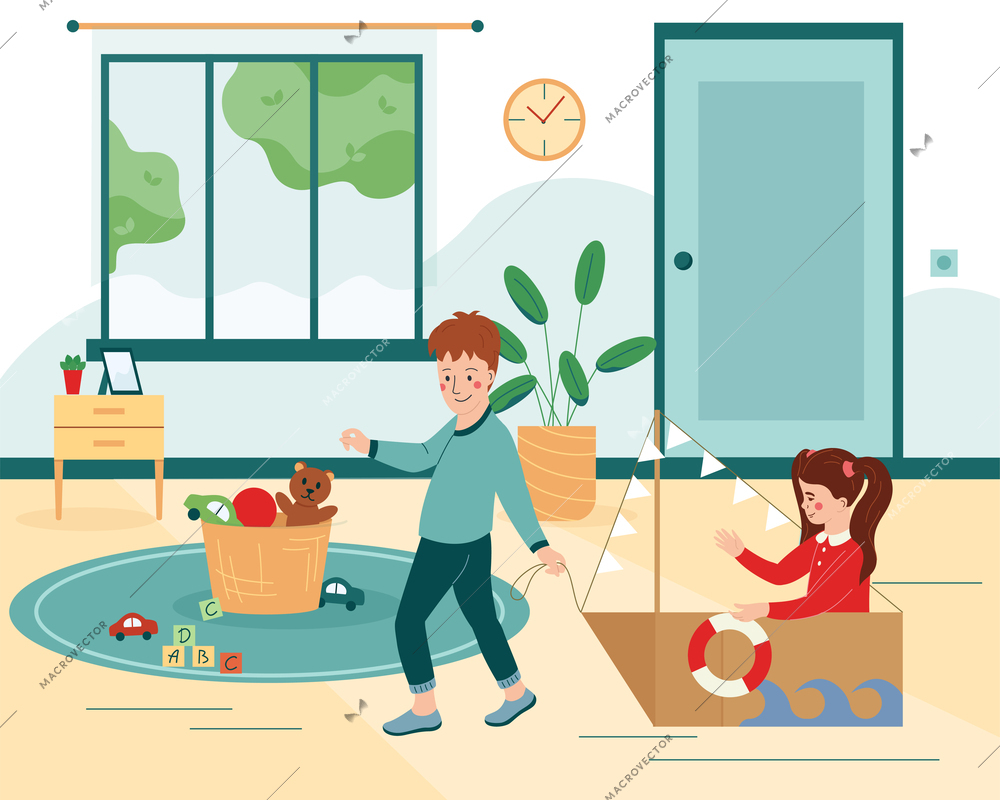 Kids cardboard toys flat poster with carton boat vector illustration