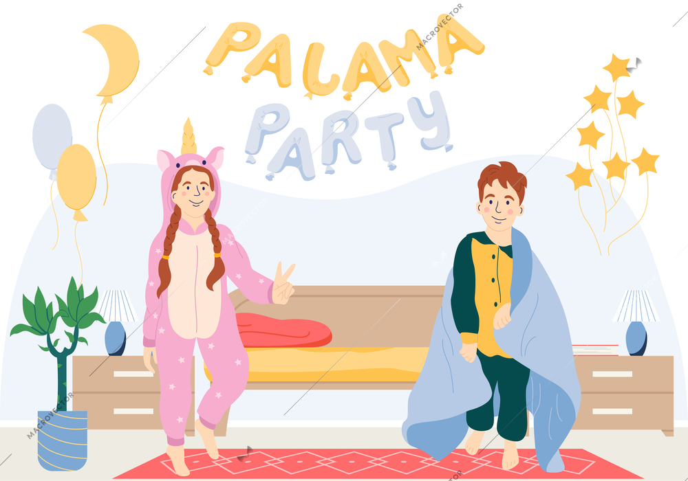 Pyjama party flat concept with happy kids in nightwear and blankets vector illustration