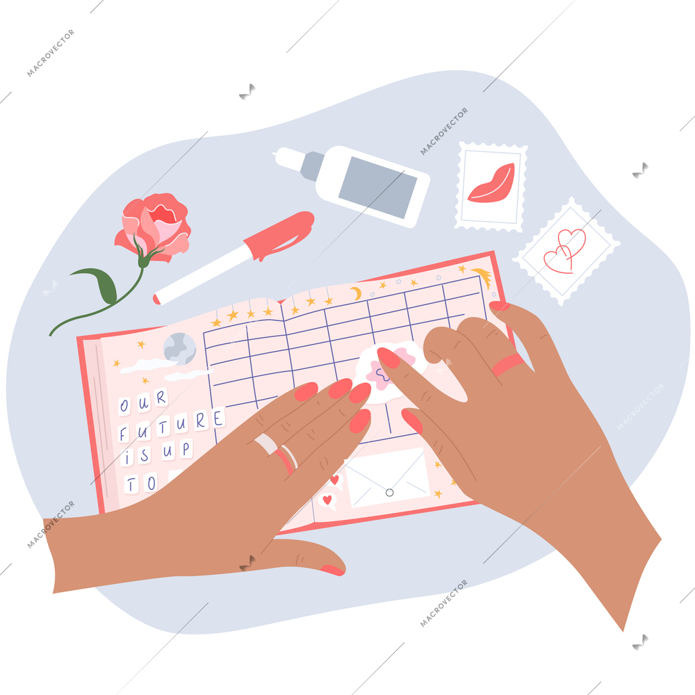 Scrapbooking flat concept with human hands sticking paper labels into notebook vector illustration