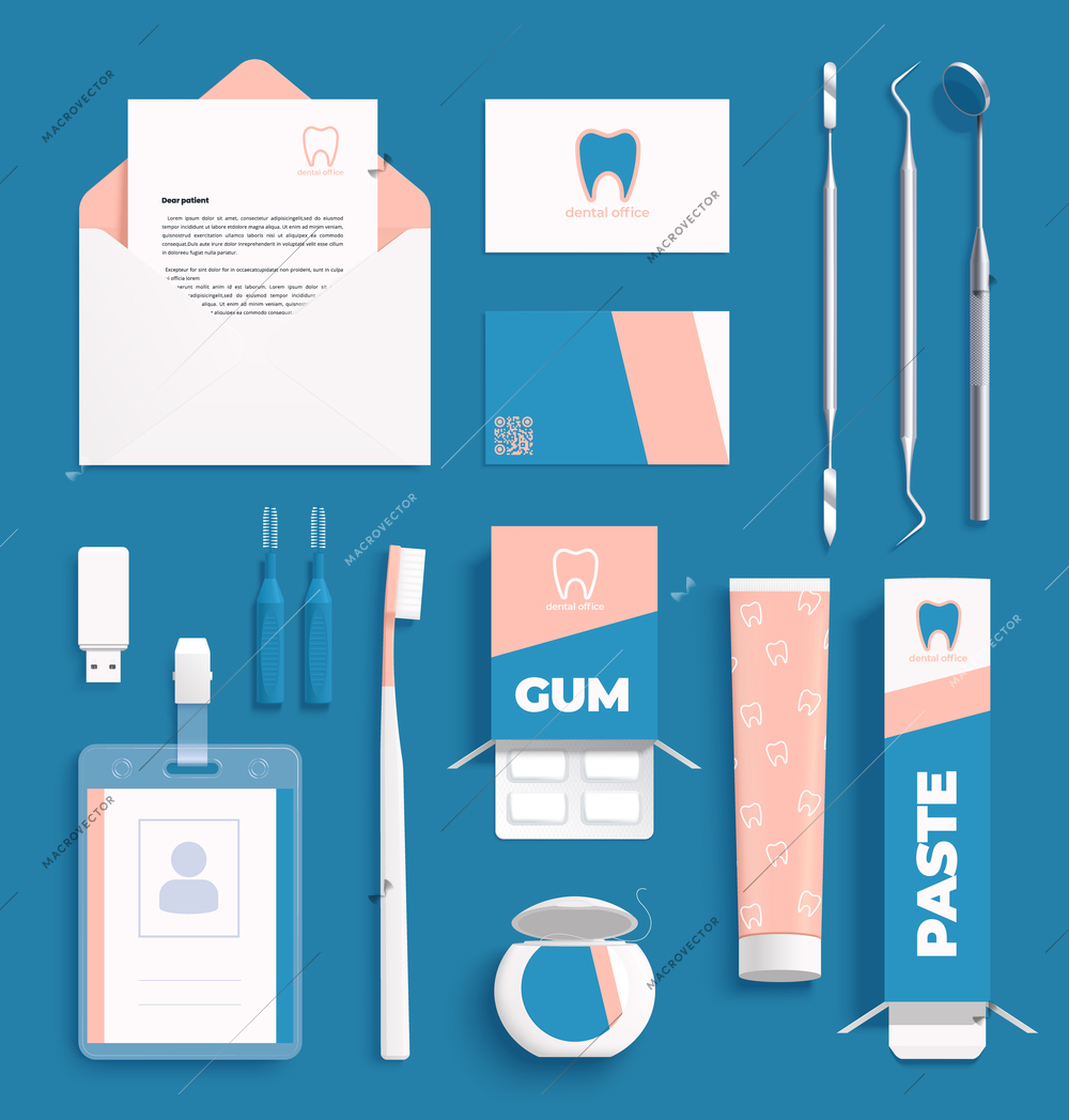 Blue background with corporate identity logo on realistic dentist equipment stationery and accessories vector illustration