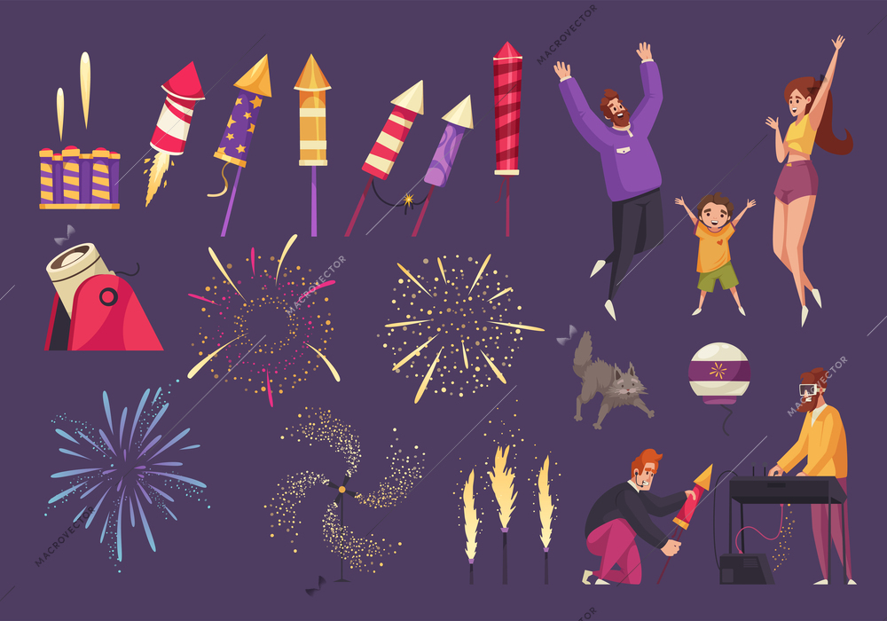Fireworks icons set with festival symbols flat isolated vector illustration