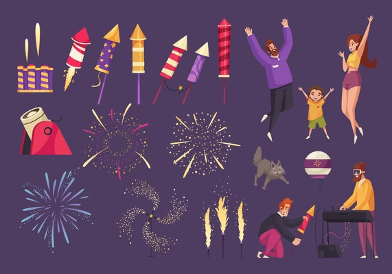 Fireworks icons set with festival symbols flat isolated vector illustration