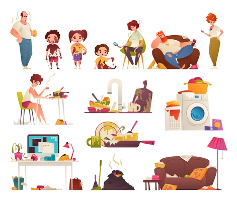 Dirty household cartoon icons set with messy clothes dishes and kids isolated vector illustration