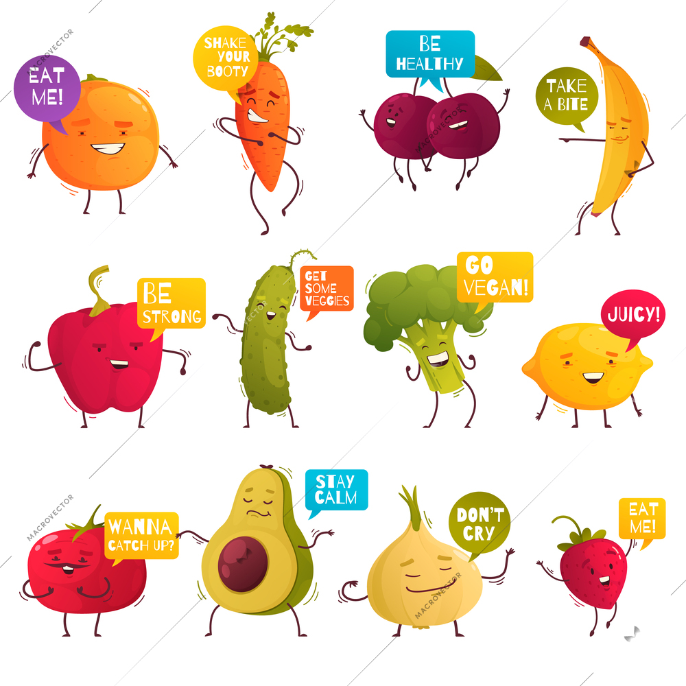 Funny Cartoon Fruit Vegetable Icons Set Vector Illustration 109514 | Macrovector Funny Cartoon Fruit Vegetable Icons Set Vector Illustration 109514 | Macrovector