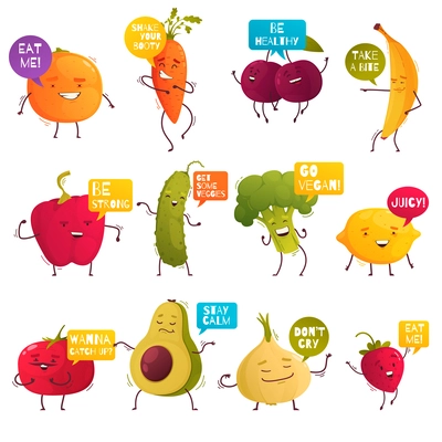 Funny cartoon fruit and vegetable icons set with positive messages isolated vector illustration