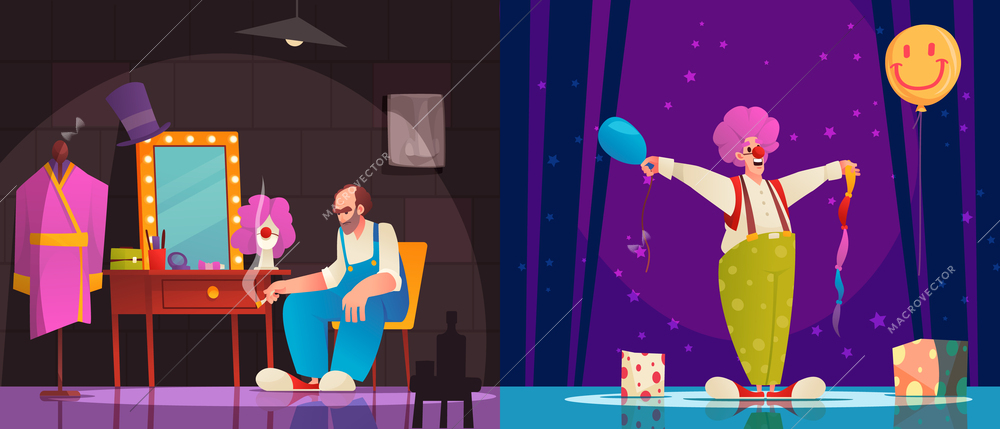 Artist dressing room cartoon composition with happy clown on stage and behind scene vector illustration